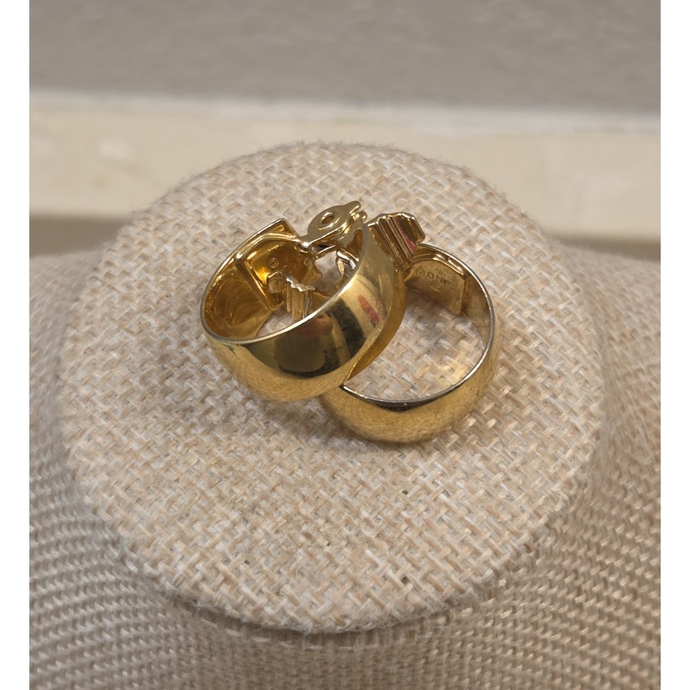 Vintage Monet 20mm Huggie Hoop Wide Earrings Clip-On Gold Tone